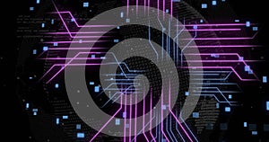 Image of digital data processing and circuit board over black background