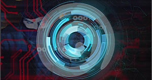 Image of digital data processing and circuit board over black background