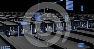 Image of digital data processing and circuit board over computer servers