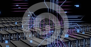 Image of digital data processing and circuit board over computer servers
