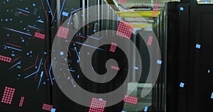 Image of digital data processing and circuit board over computer servers