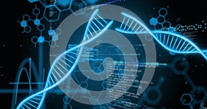Image of digital data processing and dna strands on black background