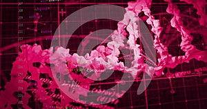 Image of digital data processing and dna strands on black background