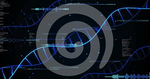 Image of digital data processing and dna strands on black background