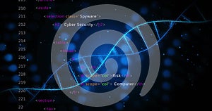 Image of digital data processing and dna strands on black background