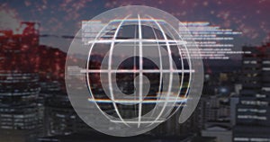 Image of digital data processing and globe over cityscape