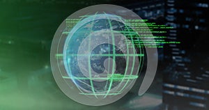 Image of digital data processing and globe over cityscape