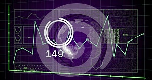 Image of digital data processing and globe over grid
