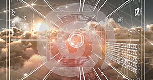 Image of digital data processing and networks over clouds