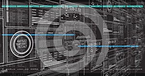 Image of digital data processing with numbers and graphs on interface