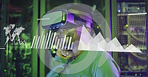 Image of digital data processing over afrcian american iman with vr headset by computer servers photo