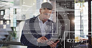 Image of digital data processing over biracial businessman using tablet in office