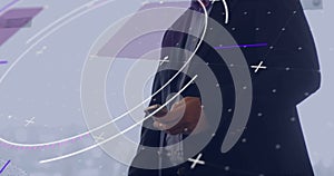 Image of digital data processing over caucasian businessman using smartphone