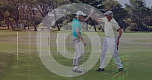 Image of digital data processing over caucasian golf players in caddy on golf course