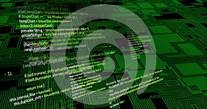 Image of digital data processing over circuit board on black background