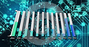 Image of digital data processing over circuit board on black background