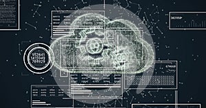 Image of digital data processing over cloud with cogs on dark background