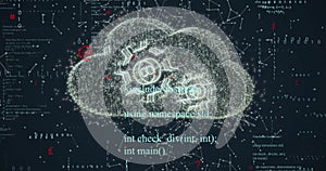 Image of digital data processing over cloud with cogs on dark background