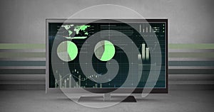 Image of digital data processing over computer screen on grey background