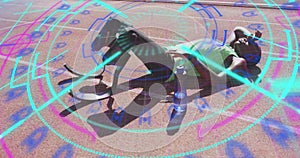 Image of digital data processing over disabled male athlete with running blades on racing track