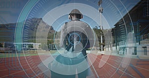 Image of digital data processing over disabled male athlete walking on racing track