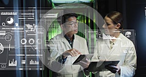 Image of digital data processing over diverse it technicians by computer servers