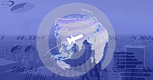 Image of digital data processing over globe and cityscape