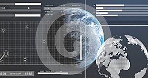 Image of digital data processing over globe on dark background