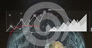 Image of digital data processing over globe on dark background