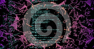 Image of digital data processing over network of connections on black background