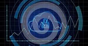 Image of digital data processing over padlock and cloud icon on black background