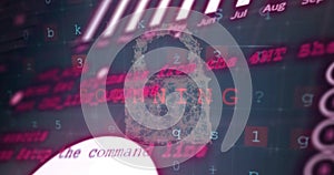 Image of digital data processing over padlock on dark background