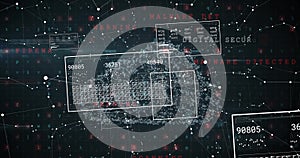 Image of digital data processing over padlock on dark background