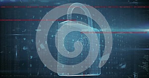 Image of digital data processing over padlock on dark background
