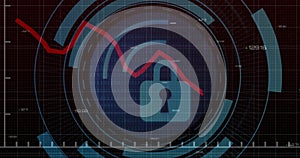 Image of digital data processing over padlock icon on black background