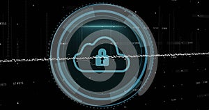 Image of digital data processing over scope scanning with cloud and padlock