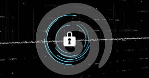 Image of digital data processing over scope scanning with padlock