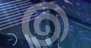 Image of digital data processing over screens on black background