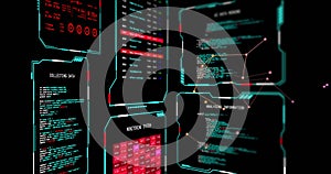Image of digital data processing over screens on black background