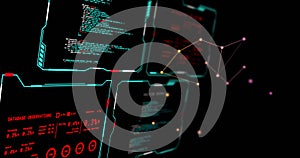 Image of digital data processing over screens on black background