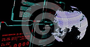 Image of digital data processing over screens and globe on black background
