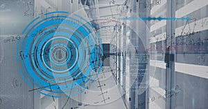Image of digital data processing over server room