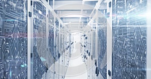 Image of digital data processing over server room