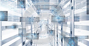 Image of digital data processing over server room