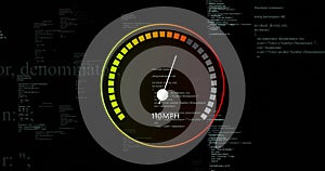 Image of digital data processing over speedometer on black background