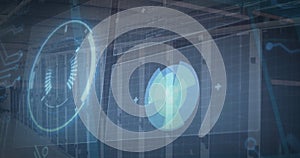 Image of digital data processing on screens over computer servers