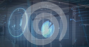 Image of digital data processing on screens over computer servers