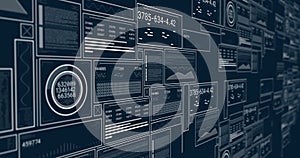 Image of digital data processing on screens over dark background