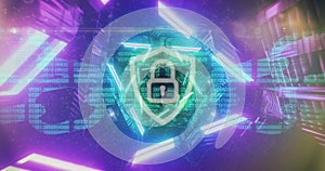 Image of digital data processing and security padlock over dark background