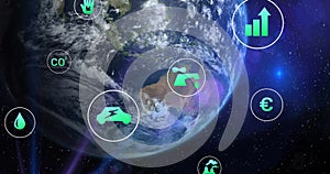 Image of digital eco icons processing over globe